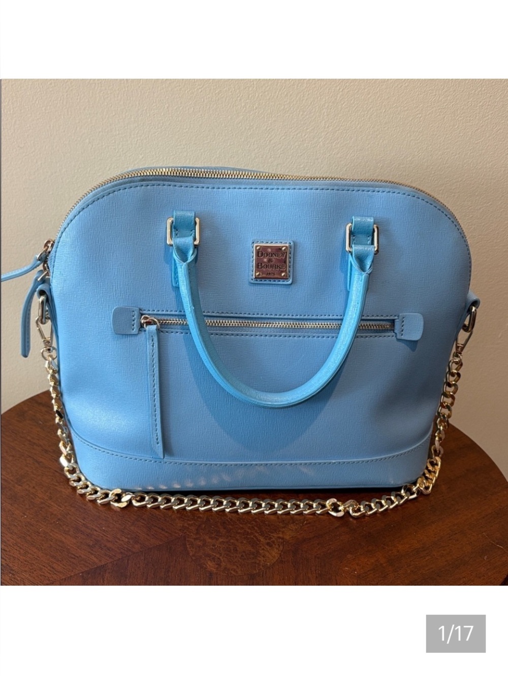 Dooney & Bourke  Satchel  shoulder bag  Saffiano light blue  front zipper pocket